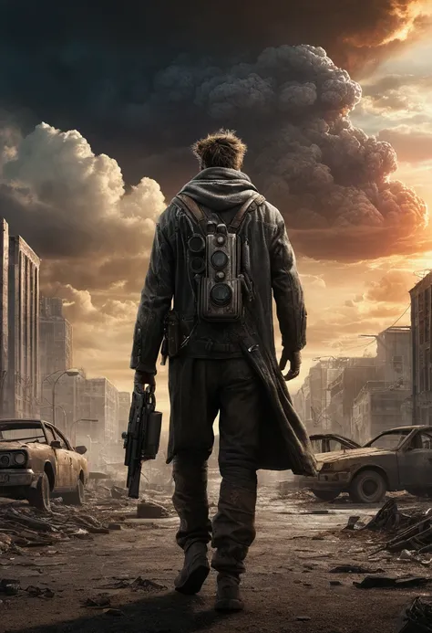 "Create a high-quality image in the style of a semi-apocalyptic world., where a character walks. The sky should be incredibly dazzling., with graphics that rival those of film productions. Make sure every detail is realistic and immersive. Final image reso...