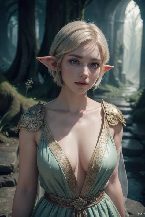 a short-haired elf woman, elven clothing, full body, beautiful detailed eyes, beautiful detailed lips, long eyelashes, (best quality, 4k, 8k, highres, masterpiece:1.2), ultra-detailed, (realistic, photorealistic, photo-realistic:1.37), fantasy, portrait, v...