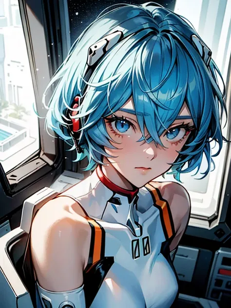 (aerial view),Dynamic Angle,ultra detailed, illustration, close up, straight, 1 girl, ((Rei Ayanami, , interface headphones, mono white 1.4, blue)),Her eyes shone like Dreamer stars,(bright Eyes:1.233),(beautiful and detailed eyes:1.1),(Expressionless,Clos...