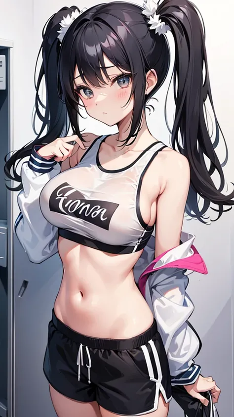 High school girl, skinny, narrow waist, thick, large breasts, black hair, twin tails, Japanese, Asian, cute, white sports bra, gym shorts, white socks, midriff, thong, cowboy shot, sideboob, locker room