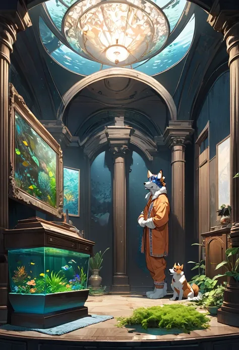 top quality, best quality, High-quality illustrations by Michelangelo, by Johannes Vermeer, masterpiece, super high resolution, detailed background, textile art, nightwear, surrounded cistern, transparent aquarium, aquatic plants, fluorescent lamp, caustic...