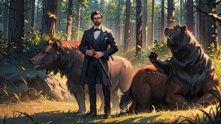 a well-dressed abraham lincoln riding a large grizzly bear in a forest, extremely detailed, hyper realistic, 8k, masterpiece, cinematic lighting, dramatic shadows, vibrant colors, intricate textures, photorealistic, award winning photography