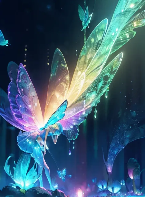 enchanted mystical girl, neon colored butterflies, mini golden fairies, glowing mushrooms releasing pollen., (ultrarealistic), {...