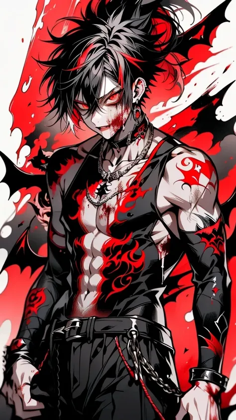 anime boy, A powerful half-demon character, ((with black and white hair)), ((red demonic eyes)), ((and intricate dragon tattoos)), black pants, emerging from a smoky, dark environment, ((blood-red accents)), intense expression, sharp focus, high detail, fa...