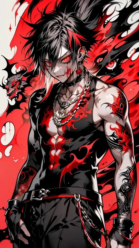 anime boy, A powerful half-demon character, ((with black and white hair)), ((red demonic eyes)), ((and intricate dragon tattoos)), black pants, emerging from a smoky, dark environment, ((blood-red accents)), intense expression, sharp focus, high detail, fa...