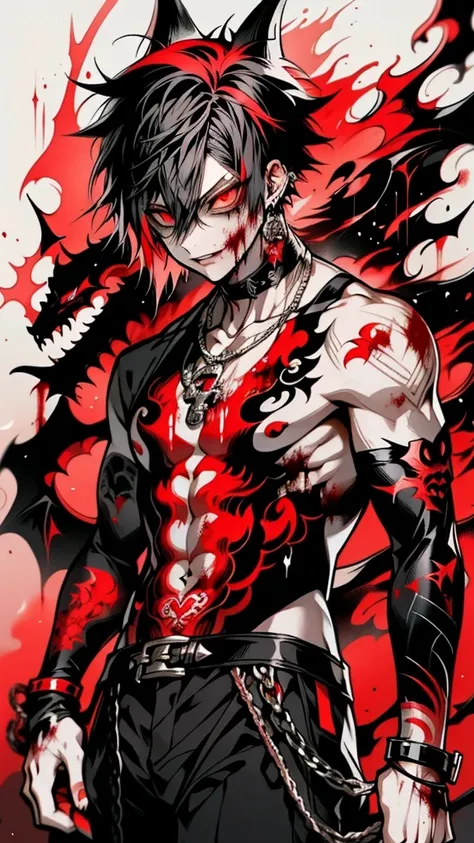 anime boy, A powerful half-demon character, ((with black and white hair)), ((red demonic eyes)), ((and intricate dragon tattoos)), black pants, emerging from a smoky, dark environment, ((blood-red accents)), intense expression, sharp focus, high detail, fa...