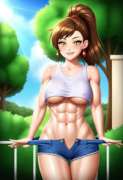 (masterpiece, best quality), (highres, ultra-detailed), (absurdres, perfect anatomy), outdoors, day, 1girl, solo, SynIahfy, colored skin, yellow eyes, cowboy shot, slit pupils, ponytail, outstretched arms, hug, earrings, happy, fangs, crop top, denim short...