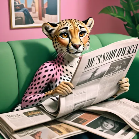 realism，pink cheetah sitting on the sofa reading newspaper，there is a leopard in the newspaper, humanoid pink cheetah, inspired ...