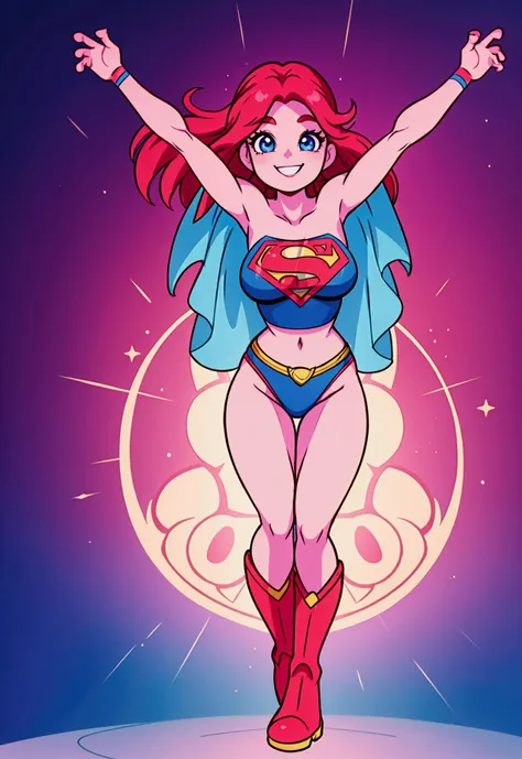 1girl Supergirl，cute, smiling, 3 d desenho animado, (((Front view))), red boots, Disney Pixar style, Cinematic 3D, highly  detailed, Vivid colors (((full body pose))) anime style, anime big breast