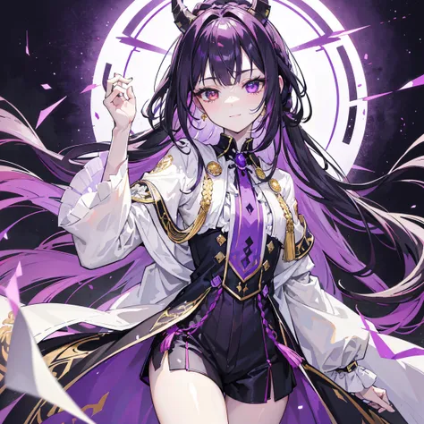 cheerful boy aristocrat open forehead. dark purple hair braided in a ponytail on the left side to one side. sinuous black horns wrapped in dark purple ribbon. pale violet eyes. in short dark purple shorts. long white T-shirt. dark purple knee-high socks. a...