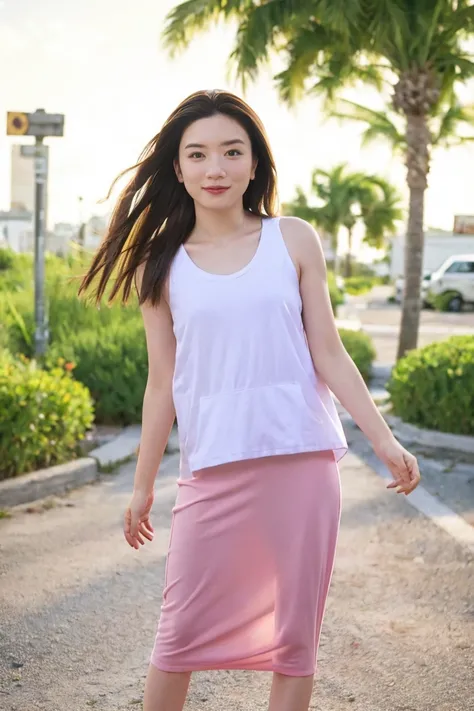 (Highest quality、High resolution、8k、masterpiece:1.55、Film Grain)、((Full body photography:1.0))、Japanese women、A woman with a cute upward gaze、Tank top with loose chest、Full body photography:1.33、Stylish clothes that show off your body lines and look great ...