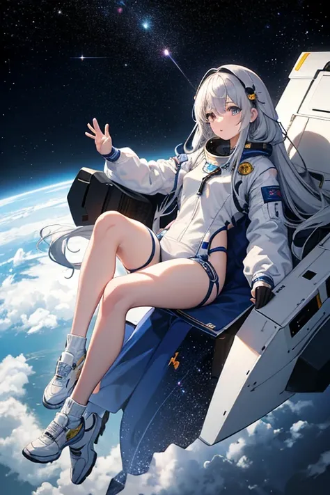 masterpiece, Highest quality, High resolution，Follow the on-screen instructions、Anime Style、Follow the prompts、One Girl、Long silver hair、、universe space、Confused、Spacesuit、Spacewalk、Reaching out to the earth、Adrift in Space