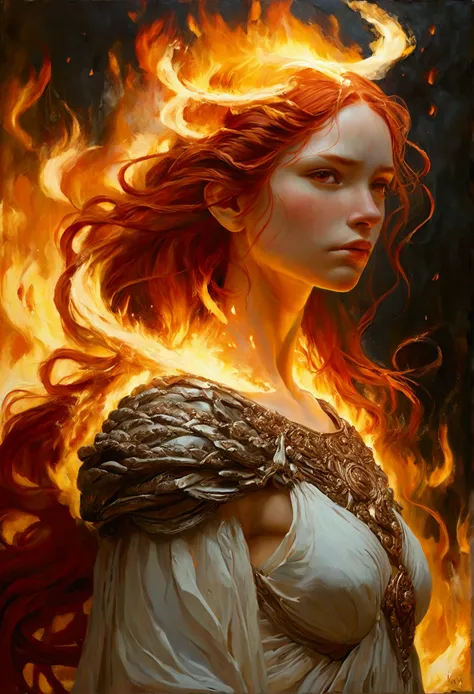 Create a detailed and expressive painting of a fire goddess with long red hair in the foreground. The goddess should be centred in the image with her head slightly tilted back, her eyes shows a great expression of sadness, longing and anger with tears roll...