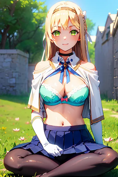 Claudia Valentz, Claudia Walents, Long Hair, Blonde, bow, ribbon, (Green Eyes:1.3), Braiding, hair band, side Braiding, smile,
break skirt, gloves, Cleavage, choker, Capelet, Bridal Gauntlet, white Capelet,
break outdoors,
break looking at viewer, (Cowboy ...