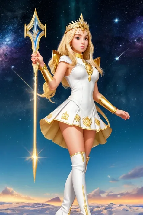 a cartoon of a woman in a white dress and gold boots, She - RA, she-ra, knights of the zodiac girl, the sailor galaxy. beautiful, venus goddess athena, intergalactic princess, the princess of power, portrait knights of the zodiac girl, blonde goddess, Gree...