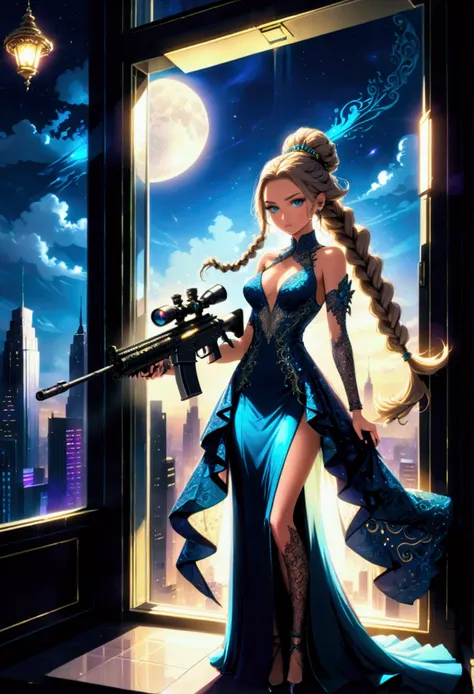 a portrait picture of a 1single sniper woman, standing in a window aiming a (sniper rifle: 1.2), an exotic beautiful woman sniper, dynamic hair, braided hair, full body shop, intense blue eyes, ultra detailed face, wearing (intricate evening dress: 1.5), e...