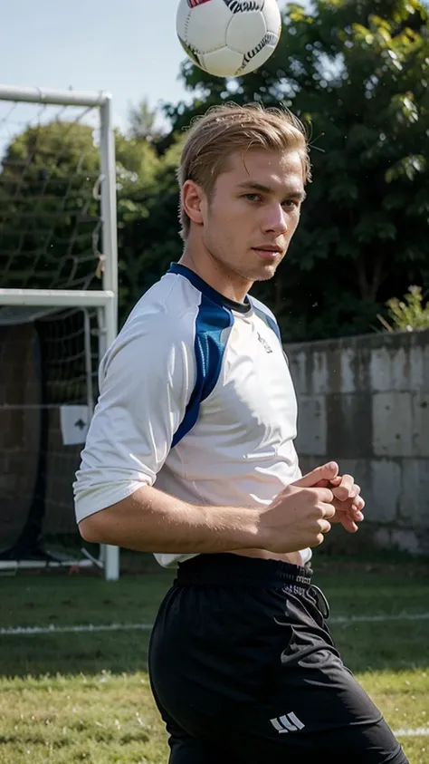 blond geogian man, short hair, playing football, wearing sport suit