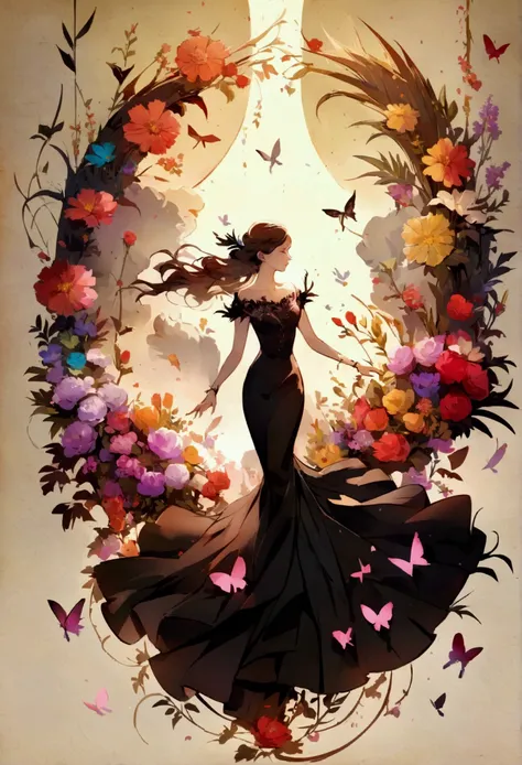 chaos, elegant, vivid colors, art by Anne Bachelier, atmospheric, a woman, elegant, butterflies, flowers blooming, moving, dramatic, whole body, Organic composition