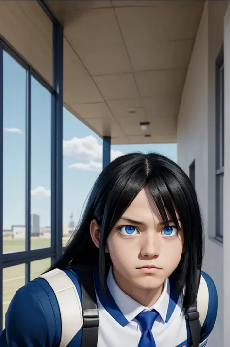 Screenshot of my hero academia.
Girl with long straight black hair,sky blue eyes,He has a serious expression.He is wearing the UA uniform and in the background he has a UA school class