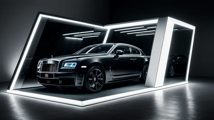 exposition espace voiture roll-royce, shimmering monochromatic light, (head of&#39;artwork,best quality,8k uh,dslr,soft lighting...