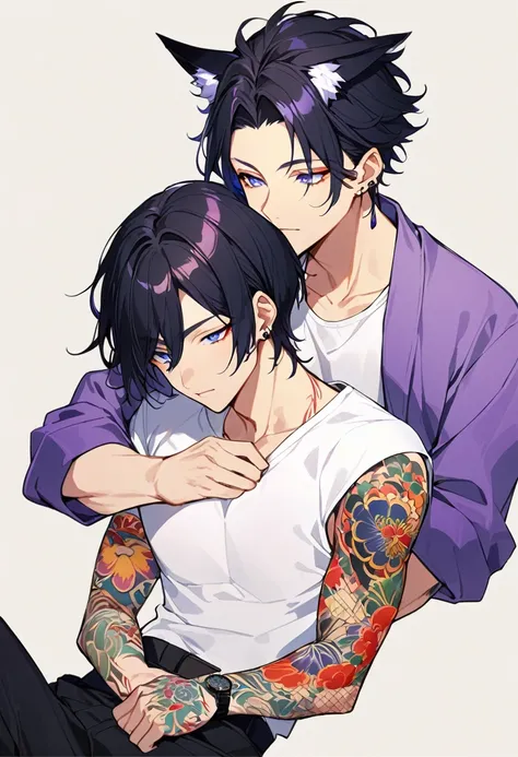 1man, short black hair, fox ears, bright blueviolet eyes, wearing a purple casual jacket, wearing a white undershirt, wearing black pants , wearing a vintage blueviolet watch, japanese style tattoos,  colorfull tattoos, tattoos all over the arms, resting h...