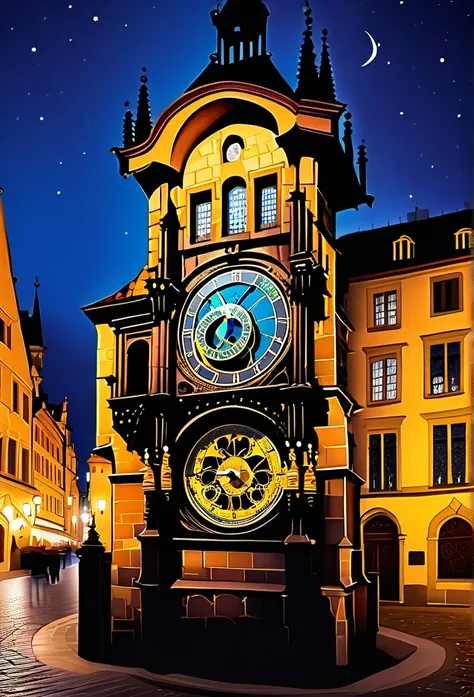 Astronomical Clock: An ornate astronomical clock, situated in the center of a medieval square, surrounded by historic buildings. The watch has intricate details, like zodiac signs and moon phases, and is lit by old street lanterns, with the starry sky in t...