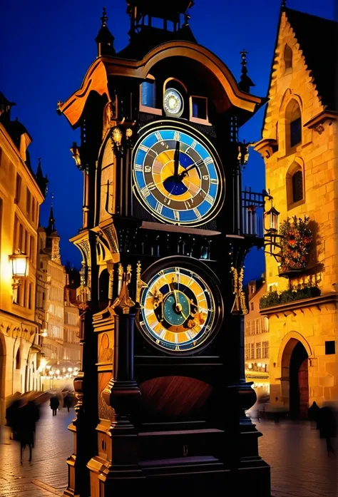 Astronomical Clock: An ornate astronomical clock, situated in the center of a medieval square, surrounded by historic buildings. The watch has intricate details, like zodiac signs and moon phases, and is lit by old street lanterns, with the starry sky in t...