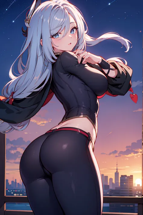 Shenhe, tight pants, butt, seductive, thick thighs, night sky view, realistic, best quality, masterpiece, ultra detail, ultra high res