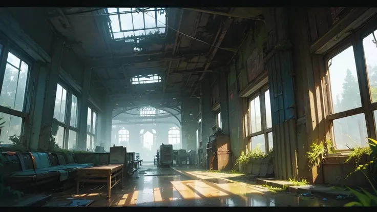 a futuristic abandoned train station interior, overgrown with lush vegetation, dilapidated cracked glass windows, worn and damaged furniture, sci-fi, dramatic lighting, moody atmosphere, cinematic, 8k, photo-realistic, HDR, unreal engine