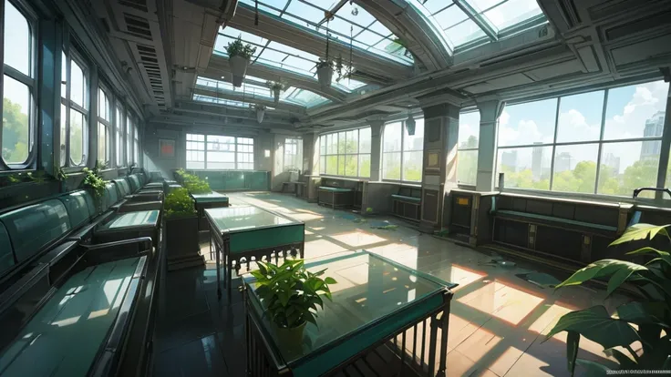 make a futuristic scenario of a fanned out room with plants taking over the place, and in addition, this room will be part of a train station. the glass, windows and furniture must be old and damaged.