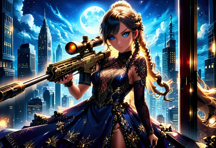 a portrait picture of a 1single sniper woman, standing in a window aiming a (sniper rifle: 1.2), an exotic beautiful woman sniper, dynamic hair, braided hair, full body shop, intense blue eyes, ultra detailed face, wearing (intricate evening dress: 1.5), e...