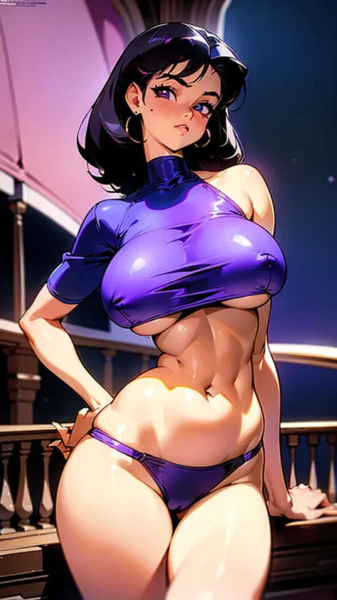 1990s, (masterpiece), high-definition, detailed face, cute girl, perfect body, (big tits: 1.4) big hips, round ass, (black hair with dark purple highlights: 1.4), bikini, pin-up pose, balcony