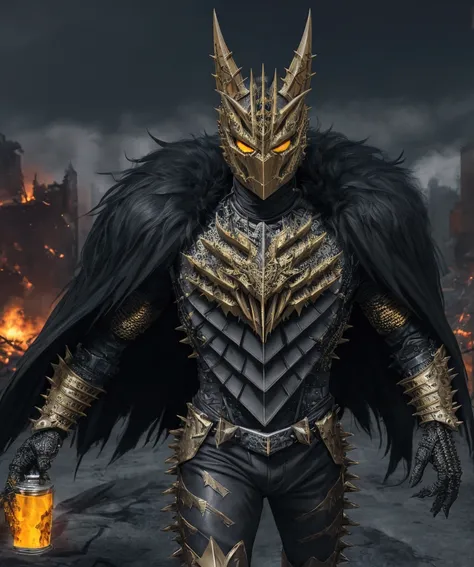 (extremely detailed 8k wallpaper), a medium shot photo of  Grim dressed as a scary masked metallic yellow furry-supervillain in a metallic yellow spiked armour made of fur glowing armour with spikes from marvel, theme, intricate, high detail, dramatic, des...