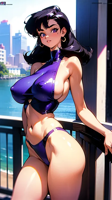 1990s, (masterpiece), high-definition, detailed face, cute girl, perfect body, (big tits: 1.4) big hips, round ass, (black hair with dark purple highlights: 1.4), bikini, pin-up pose, balcony