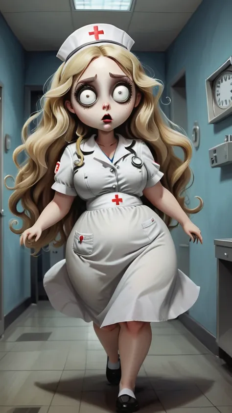 young beautiful chubby nurse running from in tim burton-inspired hospital. hospital is full of peculiar spooky creatures with bi...