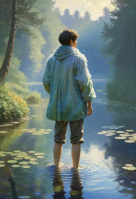 High-quality illustrations by Claude Monet, Impressionism, cover_page, highres, absurdres, detailed background, lake, dawn, detailed forest, clouds, Mysterious and romantic atmosphere, caustics surface(refraction, polarization)perfect anatomy(handsome 1boy...