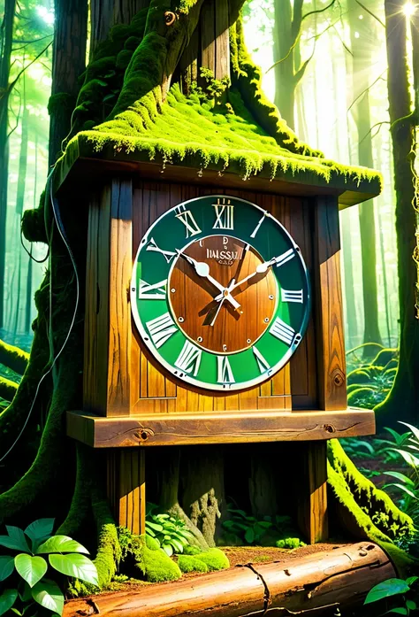 Wooden Clock in the Forest: A large wall clock made of rustic wood, hanging from an ancient, sturdy tree in a lush forest. Moss partially covers the clock, and beams of sunlight penetrate through the treetops, creating a magical and timeless setting.