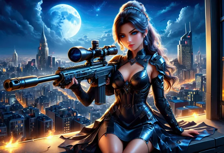 a portrait picture of a 1single sniper woman, standing in a window aiming a (sniper rifle: 1.2), an exotic beautiful woman sniper, dynamic hair, braided hair, full body shop, intense blue eyes, ultra detailed face, wearing (intricate evening dress: 1.5), e...