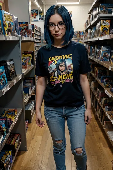 A full-body image of a slim woman with glasses, dyed blue hair, and a love for comics. She is wearing a graphic tee, jeans, and converse shoes. She stands in a comic book store, browsing through comic books on a shelf. The background features shelves fille...