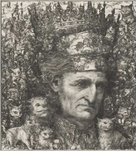 Arafed drawing of a man with a crown and a cat, Direction: Otto Dix, by J..of one Exner, mouse with crown, but Alfred Kubin, Direction: Otto Stark, Direction: Austin Osman Spare, por Edward Baird, Direction: Santiago Caruso, by J... J.. big city, strange c...