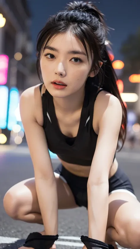 (on crowd night street, 1 girl, small breasts, sports bra and shorts, Spread legs, squatting:1.5), fair-skinned, glossy lips, skinny, body type, delicate and sexy clavicle, highest quality, RAW photo, realistic, face, incredibly ridiculous beautiful girl, ...