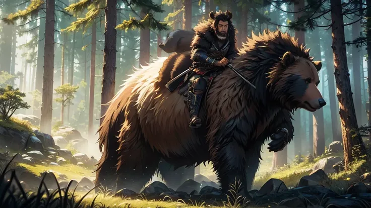 a samurai riding a grizzly bear in the forest, highly detailed, 8k, photorealistic, hyperrealistic, incredibly detailed, dramatic lighting, cinematic composition, intricate details, extremely realistic textures, vibrant colors, dramatic shadows, epic fanta...