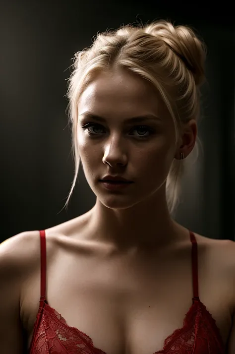 a beautiful young blond woman with red lace bra, messy bun hairstyle, intense eye contact, dark dramatic lighting, moody atmosphere, high contrast, cinematic style, chiaroscuro lighting, dramatic pose, close-up portrait, extremely detailed face and eyes, p...