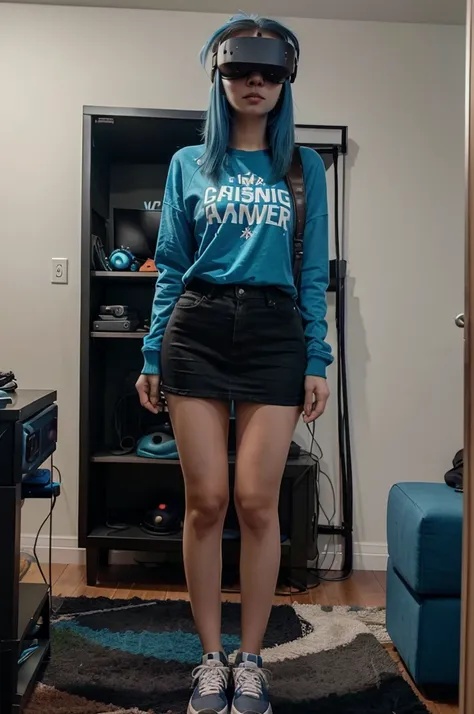 A full-body image of a slim woman with glasses, dyed blue hair, and a look of amazement. She is wearing a VR headset and holding VR controllers, dressed in casual attire. She stands in a living room set up for VR gaming, with sensors and an open play space...