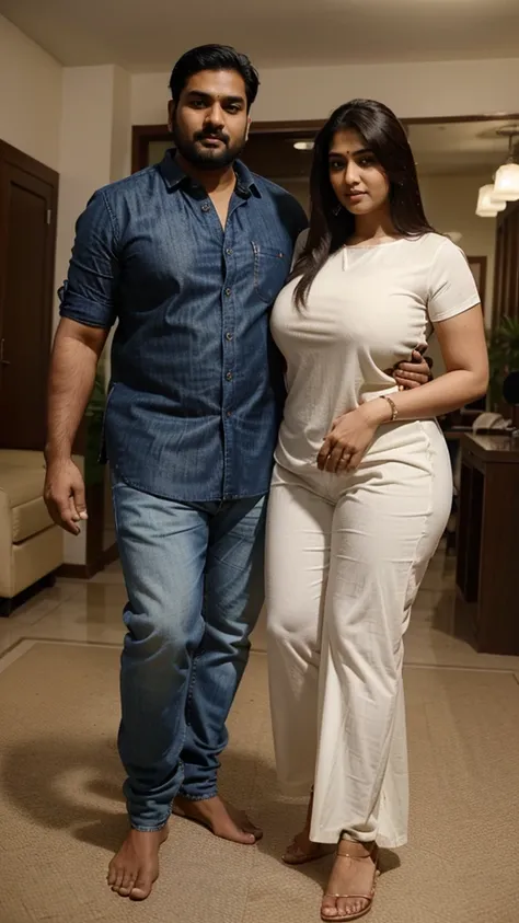 Indian married couple, man and woman, short woman with long hairs, big breasts, big hip, big ass, thick curvy, 30 years indian tall man buzz cut wearing shirt and jeans, woman wearing salwar, Couple, detailed