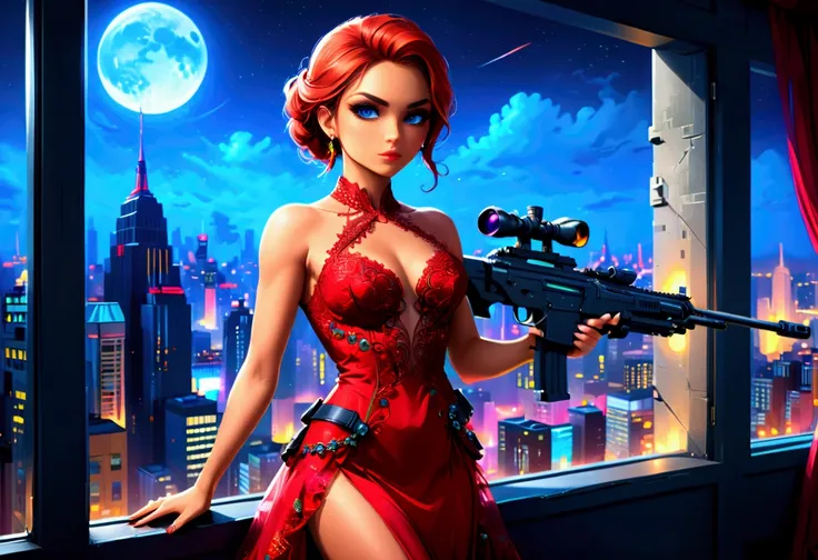 a portrait picture of a 1single woman sniper, standing in a window aiming a sniper rifle, an exotic beautiful woman sniper, dyna...