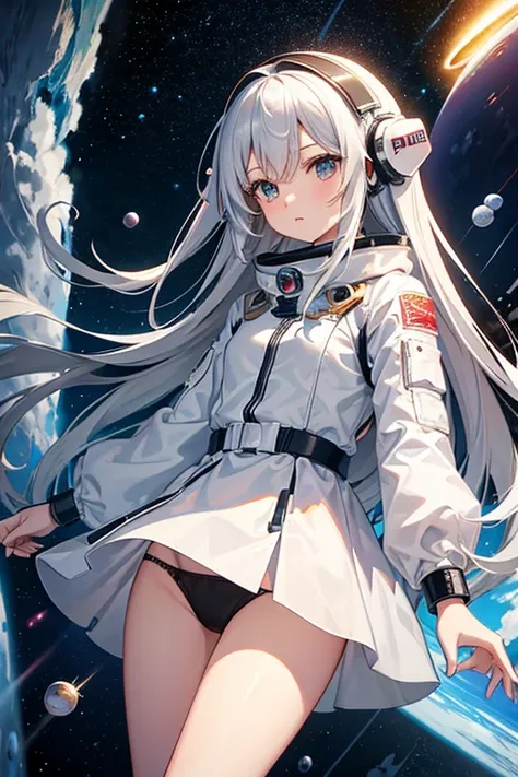 masterpiece, Highest quality, High resolution，Follow the on-screen instructions、Anime Style、Follow the prompts、One Girl、Long silver hair、、universe space、Confused、Spacesuit、Spacewalk、Reaching out to the earth、Adrift in Space、A glimpse of panties