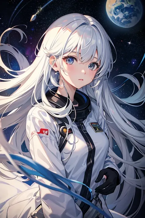 masterpiece, Highest quality, High resolution，Follow the on-screen instructions、Anime Style、Follow the prompts、One Girl、Long silver hair、、universe space、Confused、Spacewalk、Reaching out to the earth、Adrift in Space