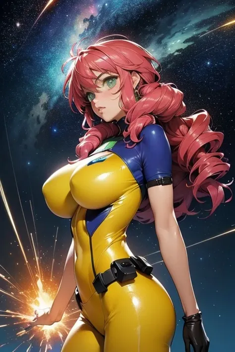 (masterpiece, top quality), (medium),official art, beautiful and aesthetic:1.2),(feldt:1.3), (fractal art:1.3), gundam00, pink hair, ((yellow bodysuit)), from side, (slendered abs:1.2), looking at viewer,(((starry sky))), stars in the background,((black gl...