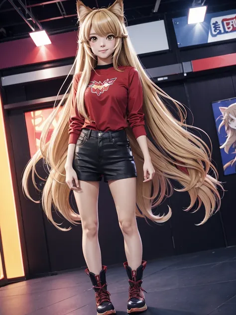 a woman in a red shirt and boots standing in front of a crowd, beautiful anime catgirl, anime girl with long hair, anime girl, an anime girl, (anime girl), cute anime catgirl, anime catgirl, beautiful anime girl, holo if a wolf girl, holo is a wolf girl, c...